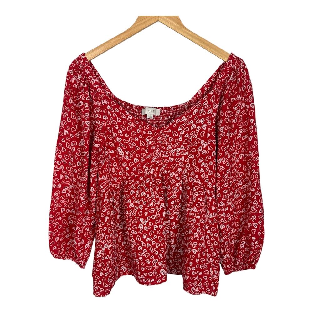 Loft Cotton Blend Heart Allover Print Peplum Blouse Balloon sleeve Size 6
